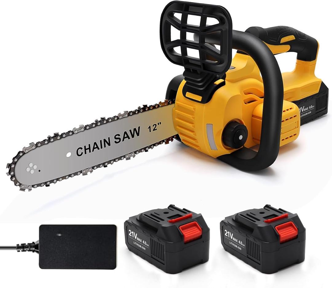 Chainsaw Cordless, 12 Inch Electric Chain Saw, Handheld Brushless Chainsaws with Tool-free Chain Tension & Auto Lubrication, 4000mah*2 Battery (12 Inch Chainsaw)