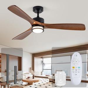 52” Outdoor Ceiling Fan with Light, 3 Walnut Solid Wood Blade, Remote Control, 3CCT Dimmable LED, Timer, 6-Speed Reversible Motor All-Weather Use for Living Room or Patio