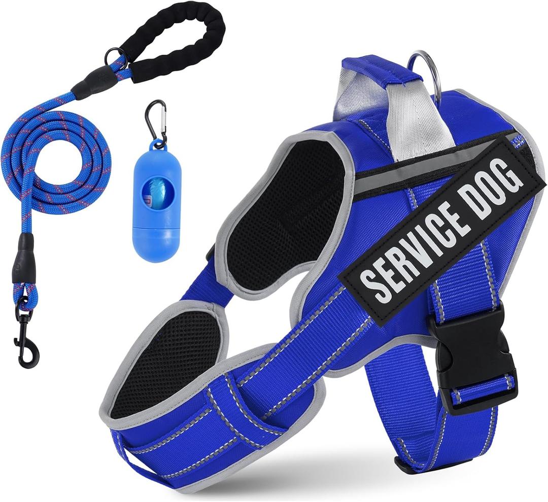 Neck Padded Dog Vest Harness and Leash Set, No Pull Adjustable Service Pet Harness with 8 Dog Patches, Reflective in Training Easy Control Pet Vest with 5ft Dog Leash for Small, Medium & Large Dogs (Blue)