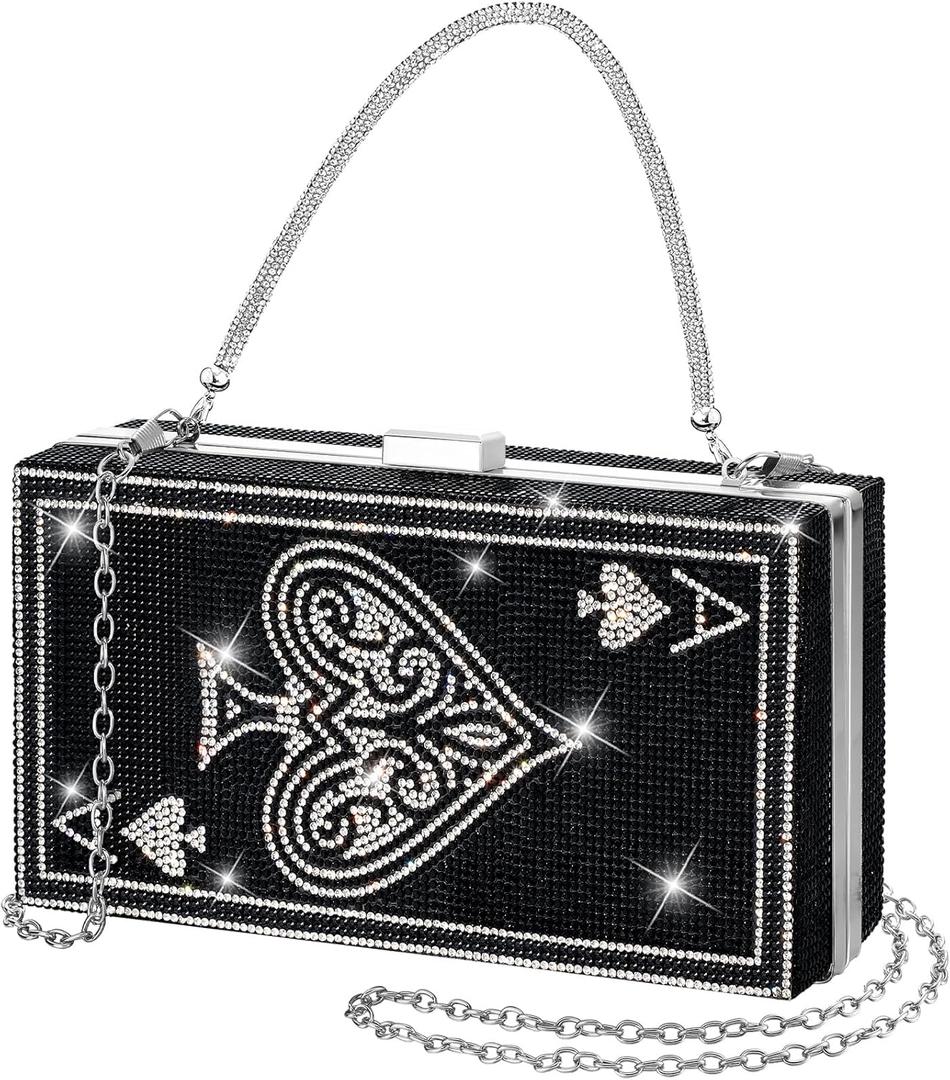 Women Poker Card Evening Clutch Rhinestone Purse Casino Vegas Novelty Purse Queen Hearts Bags Playing Cards Gift (Black)