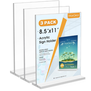 MaxGear 3 Pack Acrylic Sign Holder 8.5 X 11, Plastic Paper Holder With Vertical Slanted Back, Picture Photo Frames Display Stand Flyer and Document Organizer for Office Desktop Use