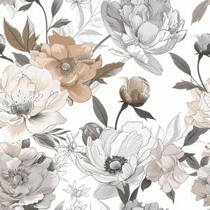 Vintage Floral Wallpaper Peel and Stick, Retro Peony Wallpaper for Home Decor, Beige/Brown/Gray, 17.7in x 118in