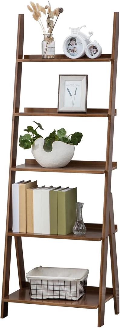 Ladder Shelf Bookshelf, 5-Tier Leaning Shelf, Free Standing Organizer Storage Shelves, Storage Rack Shelf for Office, Living Room, Brown