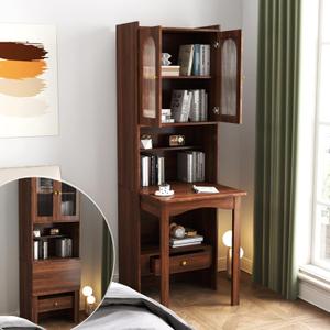 KEIKI Fold-Out Home Office Desks Writing Table with Glass Doors, Drawers, Bookshelf & Storage Shelves, Modern Wooden Convertible Workstation for Work, Study (Walnut)