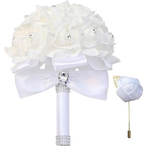 Wedding Bouquet - Artificial Roses with Crystal Diamond Soft Ribbons, Bridal Flowers for Bride & Bridesmaids, Hand Toss Bouquet (White)