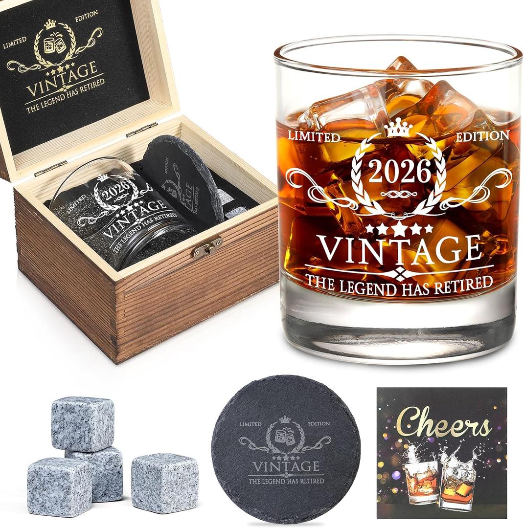 Retirement Gifts for Men Whiskey Glass Set - The Legend Has Retired 2026 - Retirement Party Decorations, Supplies - Gifts Ideas for Him, Dad, Husband, Friends - Wood Box & Whiskey Stones & Coaster