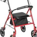 Drive Medical Rollator Walker with Seat - Stable Mobility Support - Height Adjustable - Durable Steel Frame Construction - Smooth 7.5" Wheels - Foldable Frame - 350 Lb Limit - Red