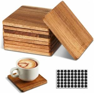 10 Pcs Unfinished Acacia Wood Coasters Bulk, 4 Inch Square Wooden Coasters for Crafts with Non-Slip Silicon Dots for DIY Stained Painting Wood Engraving Home Decoration (Square)