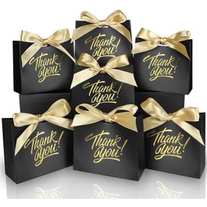 100 Pack Small Thank You Gift Bags, 4.5x1.8x3.9in Party Favor Bags Boxes with Bow Ribbon, Small Paper Gift Bags with Gold Foil Printed, Mini Candy Treat Bags for Birthday Wedding Party Holiday (Black)