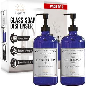 Sunrise Premium 16 OZ Cobalt Blue Glass Soap Dispenser with Pump 2 Pack, Hand and Dish Soap Dispenser Set for Bathroom and Kitchen Sink with 6 Waterproof Labels