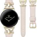 Wearlizer Leather Bands Compatible with Google Pixel Watch 4/3 41mm/Pixel Watch 2/1 Band Women, Dressy Designer Slim Leather Strap with D-Shape Metal Buckle for Pixel Smartwatch Accessories (Starlight/Champagne Gold)