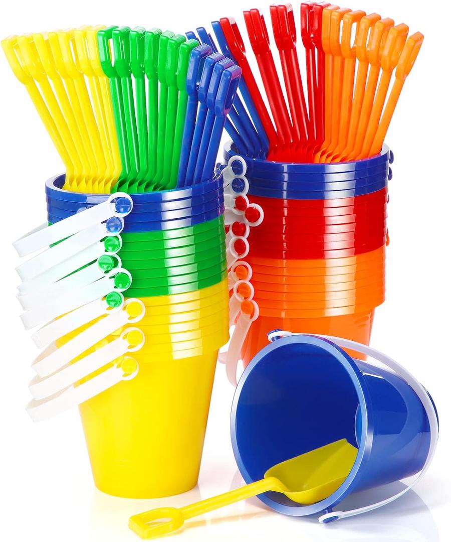 Woanger Set of 36 Beach Pails, Buckets and Shovels - 5 Inch Sand Play Set - Colorful Plastic Beach Buckets - Sand Castle Kit for Boys and Girls Birthday Party Favor