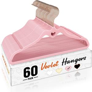 HOUSE DAY Pink Velvet Hangers 60 Pack, Non Slip Flocked Felt Hangers, Sturdy Velvet Clothes Hanger, Cute Heart Heavy Duty Coat Hanger, Ultra Slim Pink for Closet Space Saving