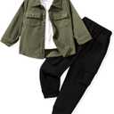 HINTINA 2T Toddler Boy Fall Clothes Corduroy Long Sleeve Button Down Lapel Collared Shacket Jacket White T-shirt Cargo Pants Set 3 Pieces Casual Winter Outfits Spring Clothing, 2-3 Years, Army Green
