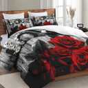 WeCozy Queen Size Comforter Set with 2 Pillowcases, Red Rose Flower 3 Pcs Bedding for Kids and Adults, Summer Vintage Woodboard Soft Comforter Set for Bedroom Bed Decor (Multi 4)