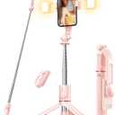 Selfie Stick with Light, 45'' Selfie Stick Tripod with Wireless Remote, Portable Travel Phone Tripod Compatible with iPhone 15 Pro Max/15/14 Pro/14/13, Samsung S22/ S23 Ultra/Android Smartphone (Pink)