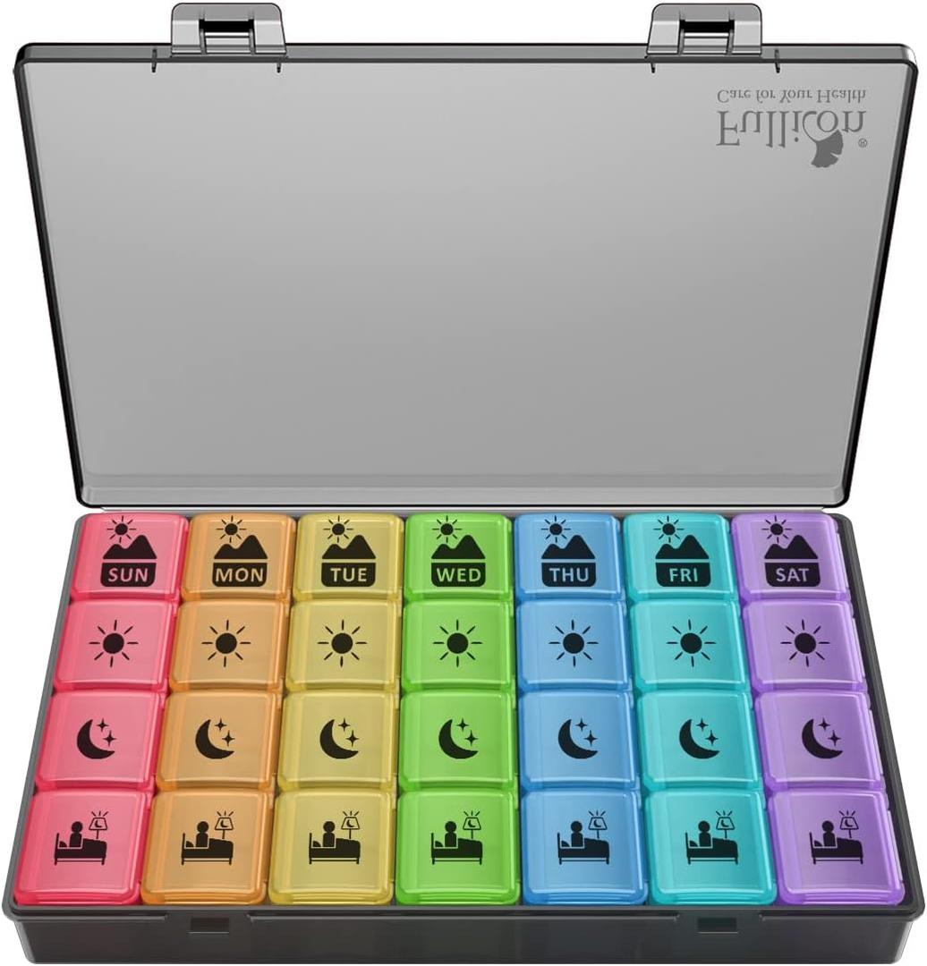 Fullicon Large Weekly Pill Organizer 4 Times a Day,7 Day Pill Box, Portable Medicine Organizer for Supplements Vitamin Pill Case Black (9.3 x 5.7 x 1.4 Inch)
