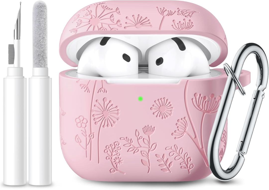 Lerobo for Airpods 4 Case Cover with Cleaner Kit, Cute Flower Engraved Silicone Protective Case Cover with Keychain Compatible with Apple Airpods 4 Case 2024 for Women and Girls, Pink