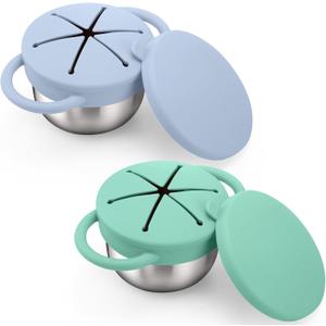 BUSOHA 2 Pack Stainless Steel Toddler Snack Cups - 9 OZ Spill-Proof Baby Snack Containers with Silicone Catcher and Lid Travel Snack Containers for Kids Food Grade Silicone Dishwasher Safe (Blue + Green)