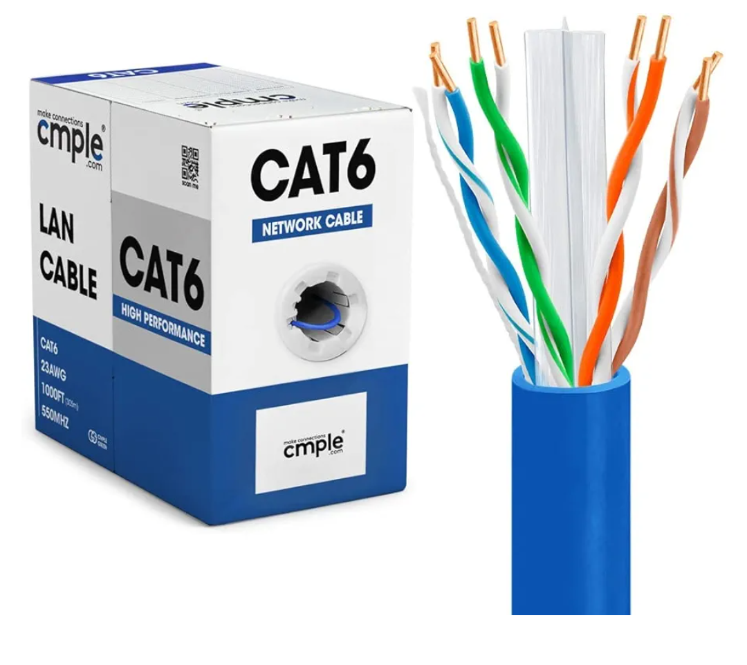 Cmple - Cat6 Cable 1000ft Bulk Lan Ethernet Cat 6 Wire Network UTP 23AWG CMR Riser 10Gbps 550 MHz Pull Box 1000 Feet, Blue
