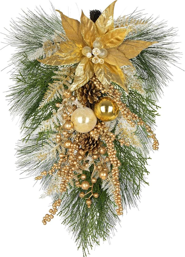 Hollyone Poinsettia Wreath Gold Christmas Swag Christmas Swags for Decorating Outdoor Teardrop Swag Poinsettias for Front Door Window Stair Winter Wreath with Berry Magnolia Leaves Xmas Home Decor
