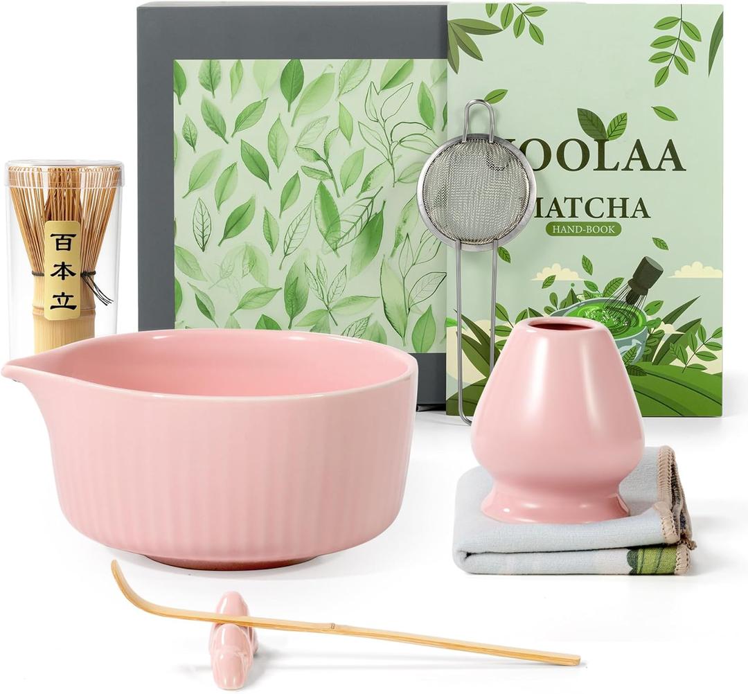 Pink Traditional Matcha Whisk Set, 7 Pcs Japanese Matcha Kit with Chawan Ceramic Bowl with Spout, Chasen Bamboo Whisk and Holder, Scoop, Sifter - Matcha Set Kit Gift for Ceremony Matcha Lattes Lover