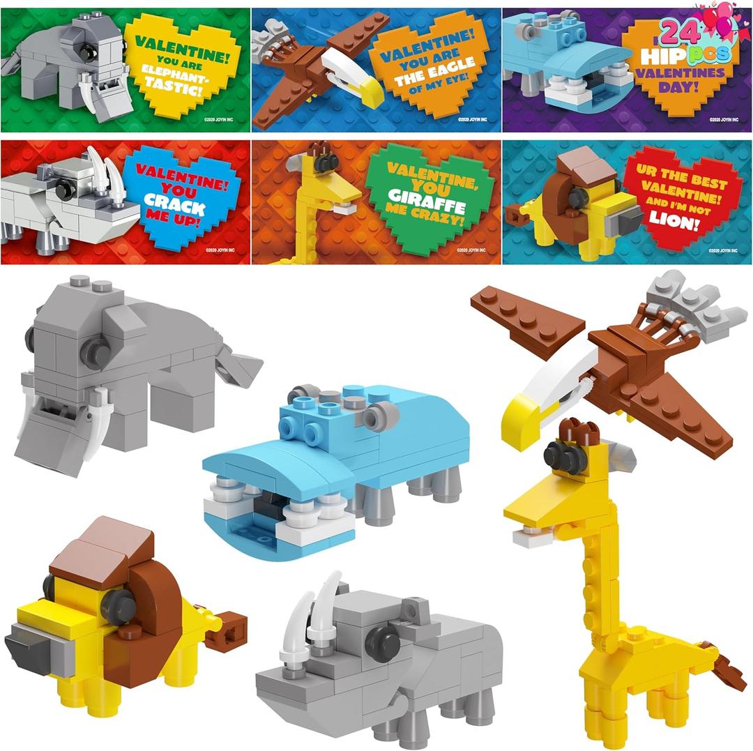 JOYIN 24 Packs Valentines Day Cards with Safari Animal Building Blocks for Gifts Party Favor, Classroom Exchange Prize, Valentines Greeting Cards