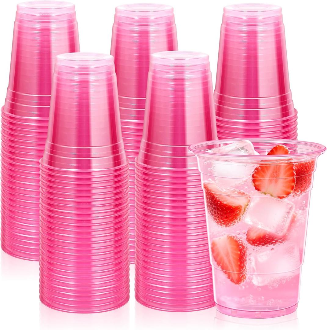 KesaPlan 100 Pack Pink Plastic Party Cups, 16 oz Disposable Wine Glasses Bulk, Pink Clear Drinking Cup for Cocktail, Cute Disposable Cups for Birthday Wedding Valentines Bachelorette Party Holiday
