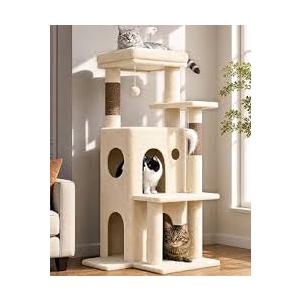 Globlazer Cat Tree Tower for Indoor Cats, 50-inch Adult Cat Tree House for Large Adult Cats with Steps, Scratching Post, 2 Cat Caves, Dangling Toys, FC50, White