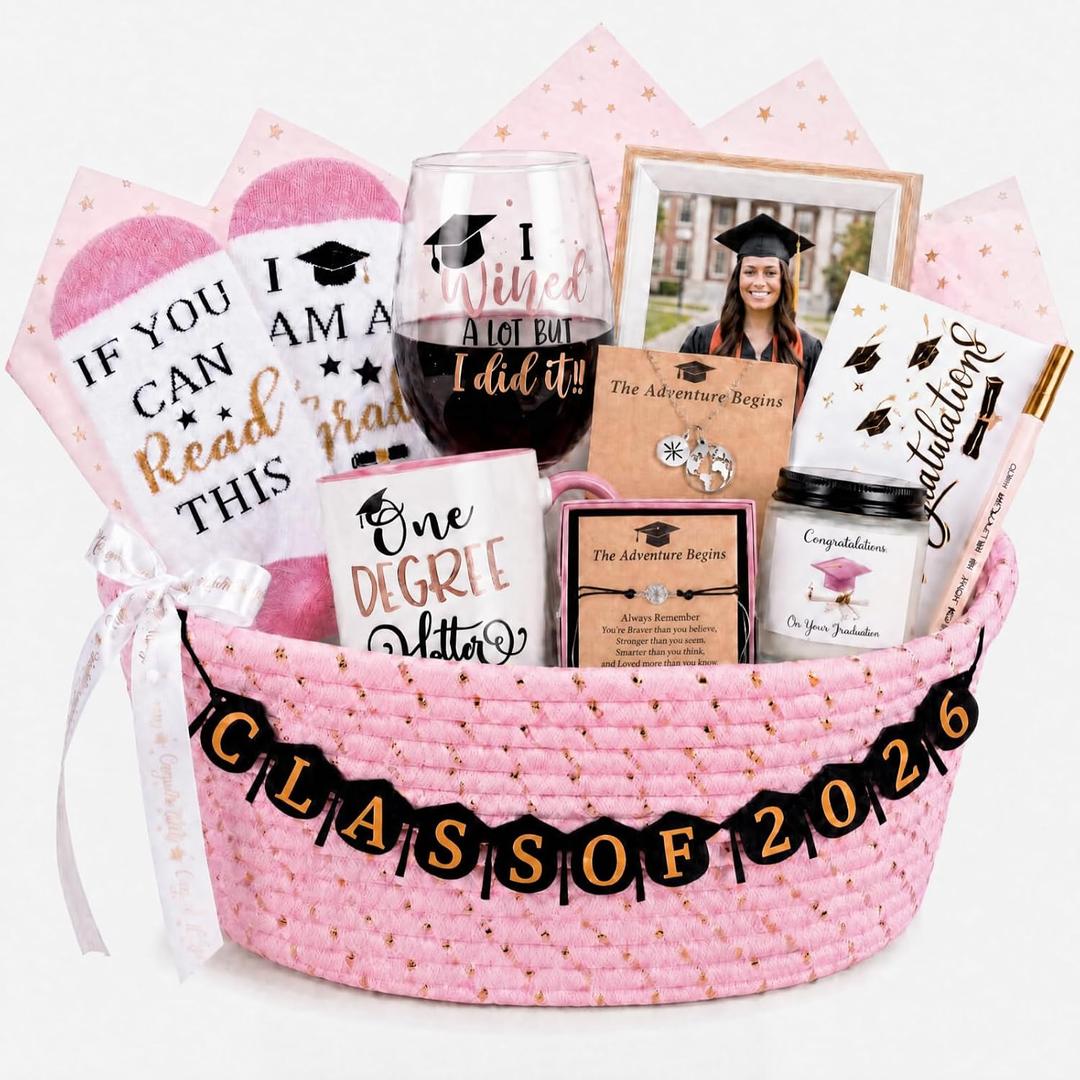 Zopeal 2026 Graduation Gift Basket Set for Her, Personalized Grad Gifts with Candle, Mug, Wine Glass, Jewelry, Socks & Banner, College High School Nursing Master Phd Graduation Gifts(Pink)