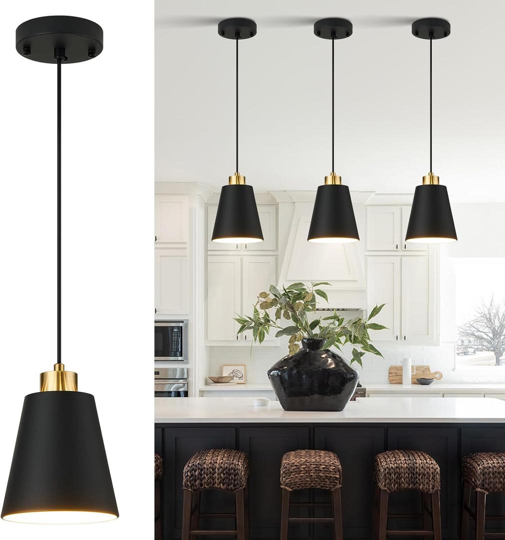 Matte Black Mini Pendant Light 7.87in Cone Kitchen Island Pendant Lighting with Gold Modern Hollow Shade Hanging Light Fixture for Kitchen Dining Room Bar 63" Adjustable Cord, 1 PCS