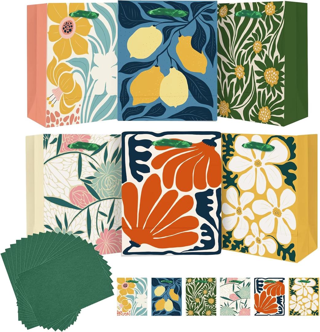 Qiqee 7.9"x4.3"x9.6" 6PCS Clash Flowers Paper Gift Bags with Tissue Paper Handles Medium Size Bags12pcs Tissue Paper