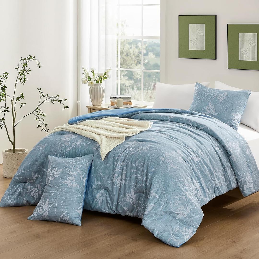 downluxe Queen Comforter Set - 3 Pieces Grayish Blue Bedding Comforter Sets, Queen Botanical Flower Comforter, 1 Soft Reversible Floral Comforter and 2 Pillow Shams for All Seasons