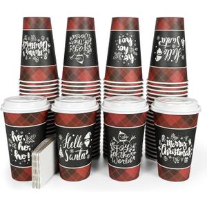 Disposable Coffee Cups with Lids for 100 Guests 16 oz, Christmas Buffalo Plaid Hot Cups for Coffee/Tea/Water/Juice, Xmas Premium Party Tableware Sets for Holiday, Winter, School, Family