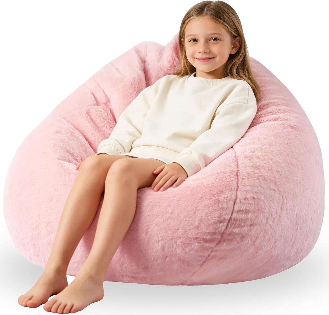 ENBAOHUI 3FT Faux Fur Comfy Memory Foam Bean Bag Chairs for Kids or Babies with Filling Bean Bag Sofa with Handle Super Soft Washable Faux Fur Fabric Lazy Sofa 3 Foot Pink