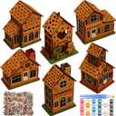 Fullhawl 6 Sets DIY Christmas Gingerbread House Wooden Kit to Build with Paint Paintbrushes and Gingerbread Man Stickers 3D Christmas Tree Ornaments for Fun Craft Activity Creative DIY Art Project