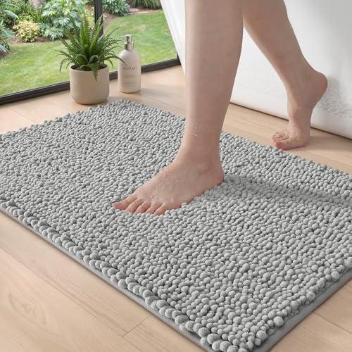 DEXI Bathroom Rugs 24x36, Super Soft Thick Chenille Absorbent Bath Mat, Non Slip Machine Washable Fluffy Shag Bathmat for Tub, Shower Floor, Light Grey