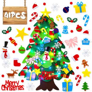 Sumind 41 Pieces Felt Christmas Tree for Kids Wall 3. 3ft DIY Felt Christmas Tree with Lights Hanging Ornaments for Kids Home Living Room Decorations