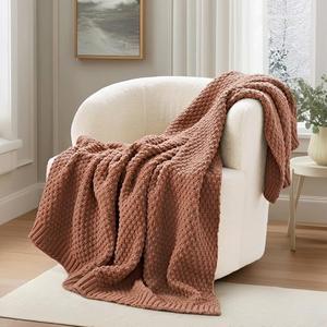 EVERGRACEHOME Chunky Chenille Knit Throw Blanket for Couch, Soft Luxurious Moss Stitch Blankets for Bed, Cozy Decorative Farmhouse Knitted Throws for Sofa, Terracotta Clay, 50" x 60"