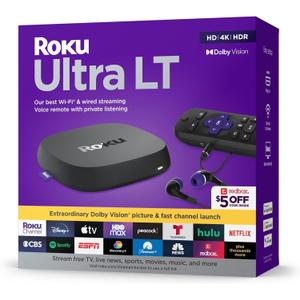 Roku Ultra LT (2023) HD/4K/HDR Dolby Vision Quad-Core Streaming Player with HDMI Cable, Headphones, Voice Remote w/Private Listening, Ethernet