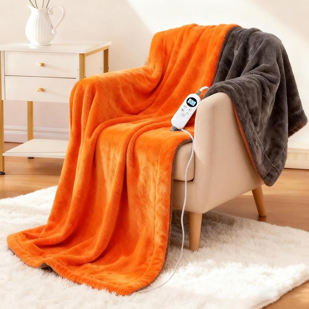 Electric Heated Blanket Throw 50" x 60" Soft Dual-Sided Flannel Fast Heating 12 Heat Levels 112H Timer & Overheat Protection & Auto Shut-Off & Machine Washable (Orange)