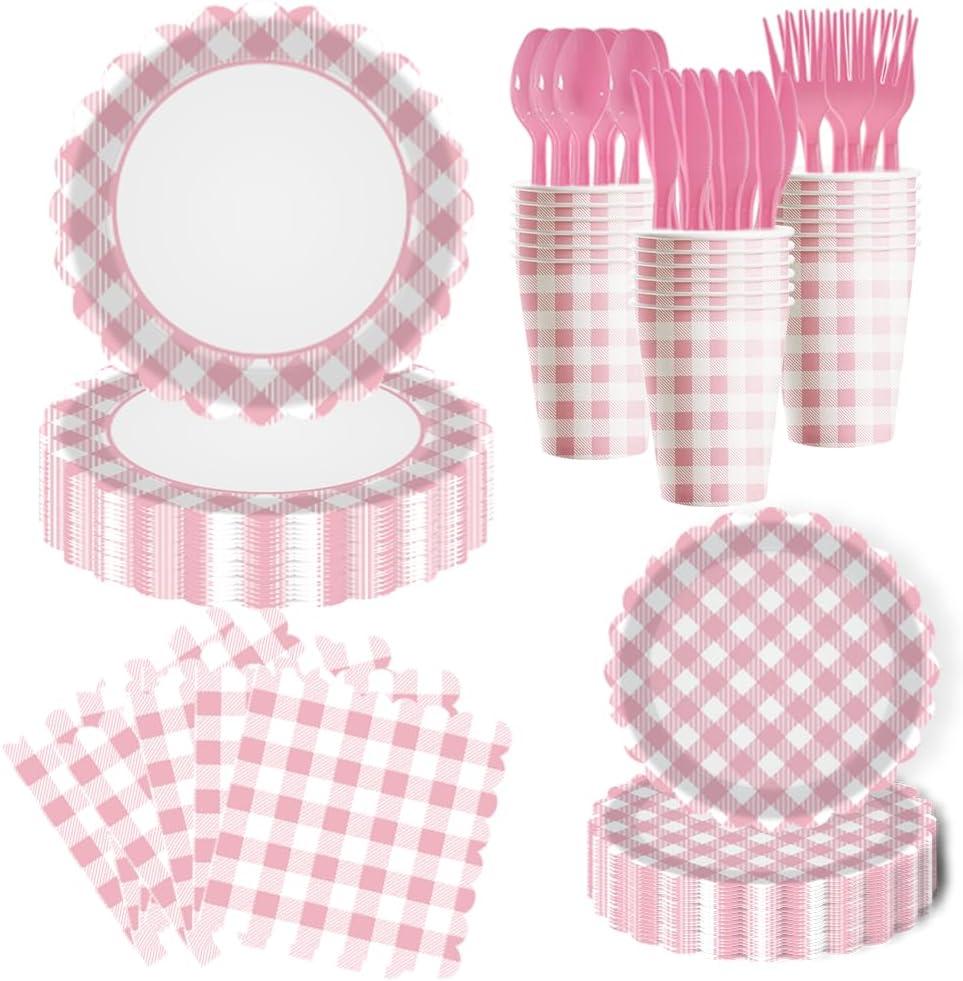 175-Piece pink Gingham Party Supplies Set | Disposable Plates, Napkins, Cups, Cutlery for 25 Guests |Stylish Wedding Birthday Party Decorations (pink)