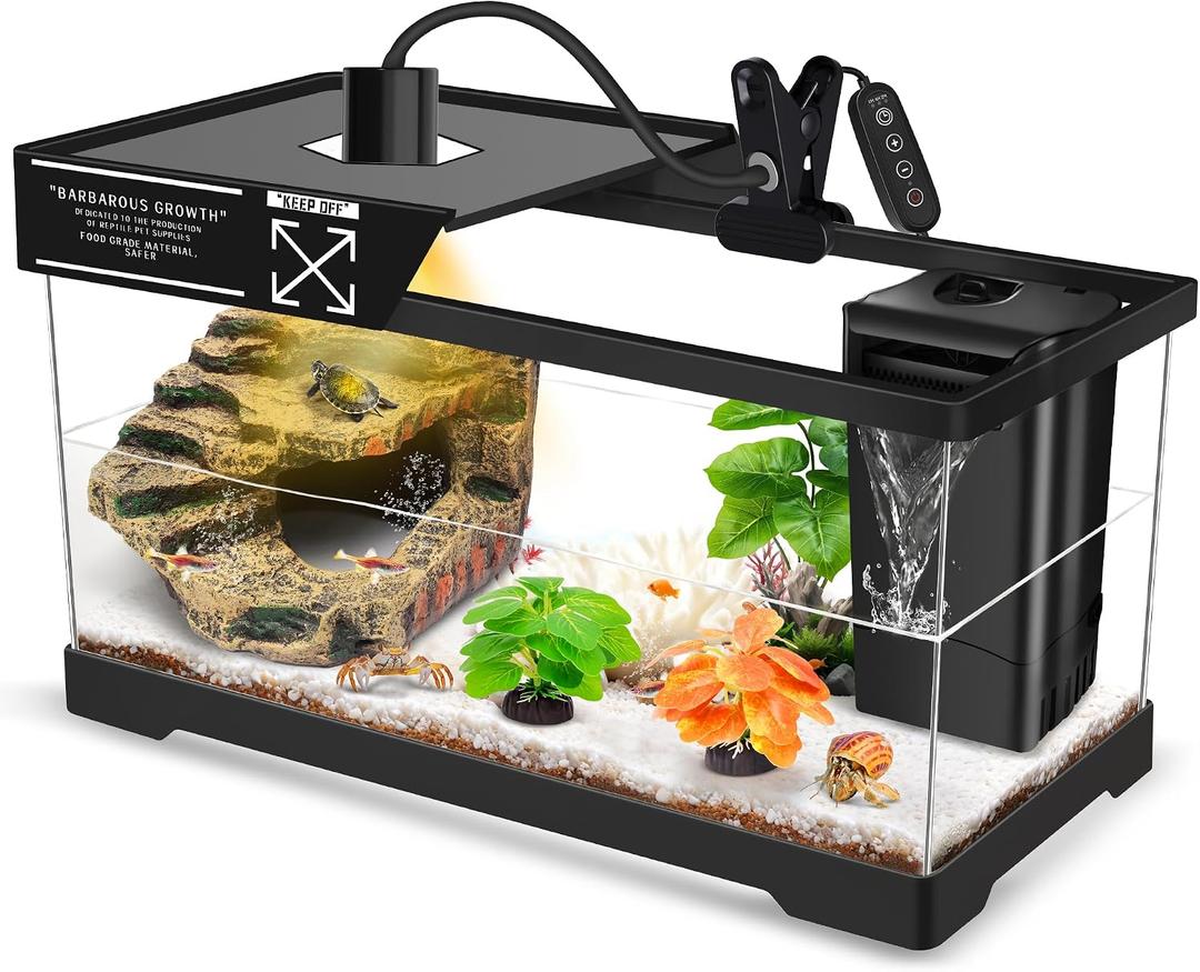 GOZILLA Turtle Tank Kit(Tank+Lamp+Filter), Upgrade PC Turtle Tank Starter Kit with Adjustable Lamp & Filter, Reptile Hideout Habitat with Lid for Small Reptiles.(19.68 9.52 9.44''/Large-Black-Kit)