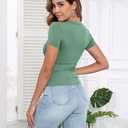 PALINDA V Neck Slim Fitted Shirts for Women Basic Casual Short Sleeve T Shirts Going Out Tops Sexy Y2K Tees (Sage Green)