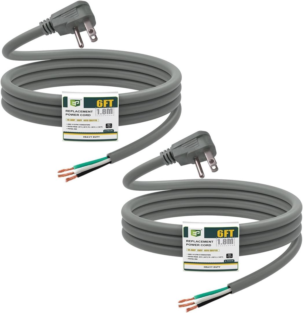 EP 2 Pack 6 Ft Flat Plug Appliance and Power Tool Cord, 14 Gauge 3 Prong 15A Replacement Power Supply Cord Cable, 110V 115V 121V AC Pigtail, Grey