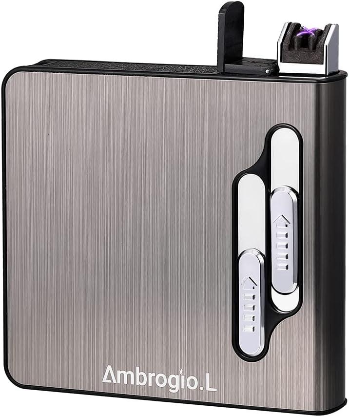Full Pack 20 Regular Cigarettes Case Box Automatic Ejection Holder with Dual Arc Lighter USB Rechargeable, Flameless, Windproof,Moisture-Proof,Black
