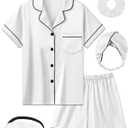 Kids Girl Pajama Set with Headband Blindfold Hair Tie Toddler Boy Girl Satin Silky Button-up Pajama Sleepwear (5-6 Years, White-short)