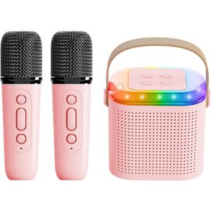 Mini Karaoke Machine for Kids,Portable Bluetooth Speaker with Wireless Microphone for Kids Toddler,Gifts for Girls and Boys Birthday (Pink 2 mic) (Pink 2 mic)