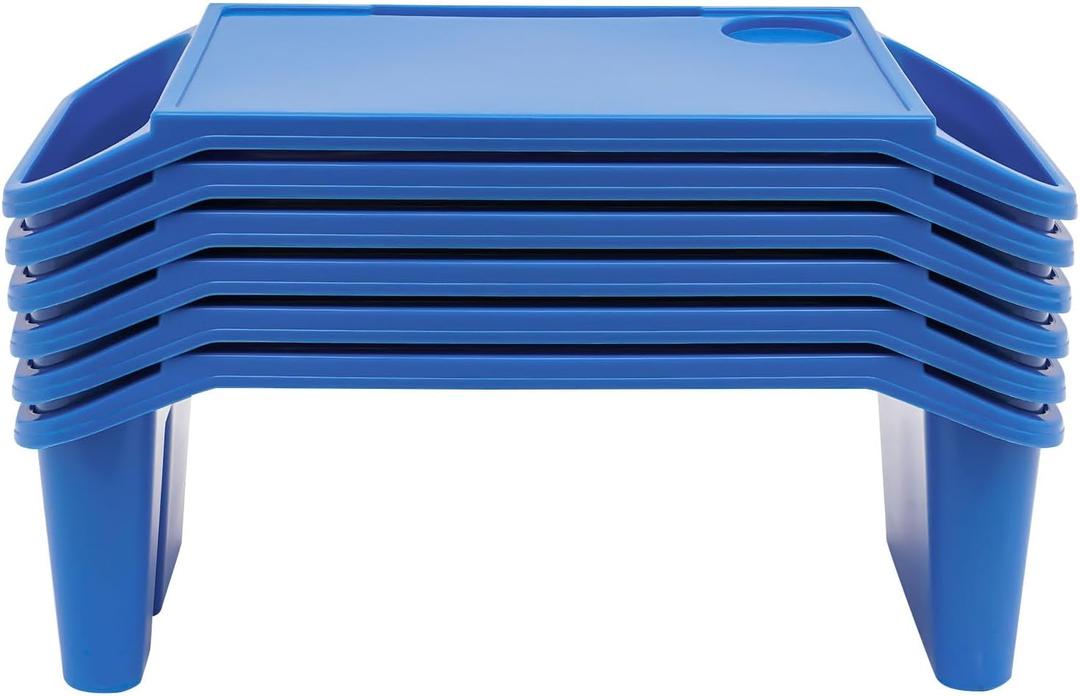 6Pcs Lap Desk Tray for Eating Plastic Activity Table Portable Snack Lap Bed Table Breakfast Lap Trays with Side Pockets & Slot Stackable Lap Desk Tray for Classroom, Blue