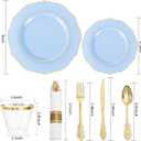 Liacere 350PCS Blue Plastic Plates - Disposable Blue and Gold Plates 50guest Baroque Plastic Dinnerware include 100Plates, 50Pack Pre Rolled Napkins with Silverware 50Cups for Wedding&Mother's Day